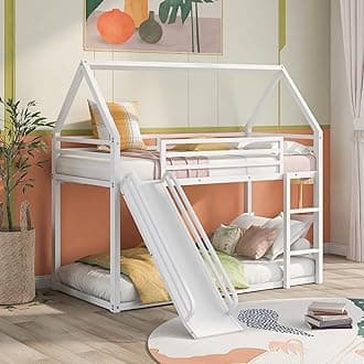 Metal Bunk Bed with Slide, Low Bunk Bed Twin Over Twin, Junior House BunkBed for Girls Boys, Metal Bunkbeds with Full-Length Guardrail & Ladder, No Box Spring Needed, Easy to Assemble, White