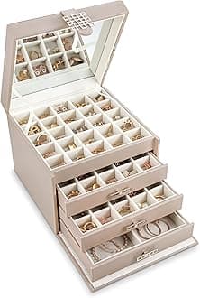 - Glenor Co Earring Organizer Holder - 75 Small & 4 Large Slots Classic Jewelry Box with Drawer & Modern Closure, Mirror, 4 Trays Earrings, Ring or Chain Storage - PU Leather Case - Sand