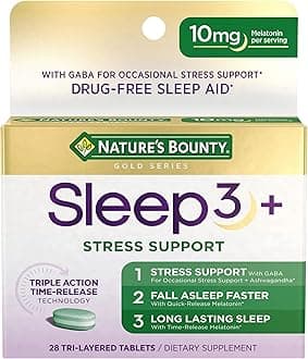 Sleep + Stress Support, Sleep3 Maximum Strength 100% Drug Free Sleep Aid, Dietary Supplement with Ashwagandha, Time Release Technology, 10mg, 28 Tri-Layered Tablets