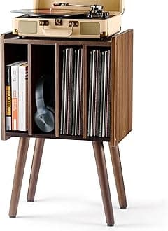 Wooden Record Player Stand, Vinyl Record Storage Holder Table with 4 Cabinets, Holds up to 100 LPs, Metal Organizer Stand, Classical Design for Files/Book (Walnut, 2 Tier)