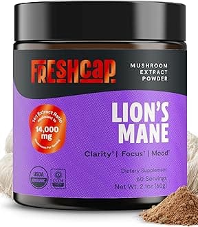 FreshCap Mushrooms Ayurvedic Premium Organic Lions Mane Powder - 14:1 Fruiting Body Extract with 31% Beta-Glucans - 3rd-Party Tested Nootropic for Clarity, Focus & Cognitive Support (60 Servings)