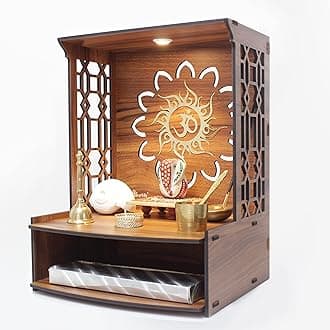 Heartily® Mangal Beautiful Wooden Pooja Stand for Home/Mandir for Home/Temple for Home and Office/Puja Mandir for Home and Office Wall with LED Spot Light/Product (H- 15.5, L- 11.5, W-11 Inch)