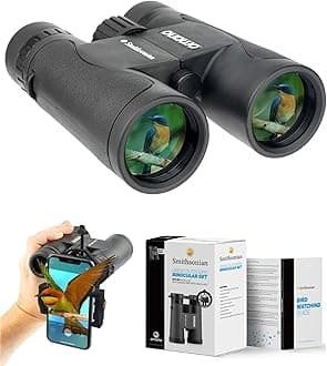 - Smithsonian Adult Birding Binoculars - 10x42, Phone Adapter, Diopter Adjustable - Ideal for Hiking, Travel - Includes Bird Watching Guide