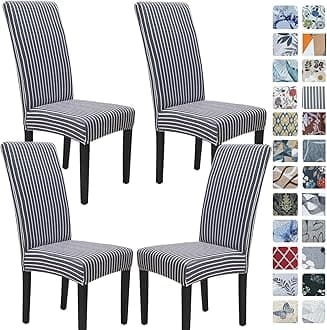 SPRINGRICO 4 Pack Chair Covers for Dining Room, Stretch Dining Chair Cover, Washable Spandex Kitchen Parsons Chair Slipcovers, Dark Gray & White Stripe Pattern (Set of 4, STYLE04)
