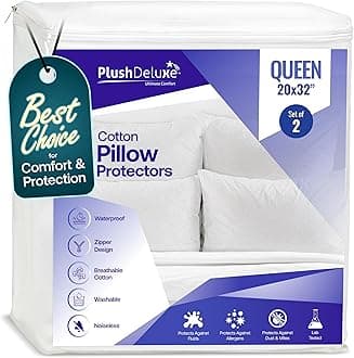 PlushDeluxe Pillow Protectors Queen Size 20”x32”, Set of 2 Zippered Pillow Encasements Made with Breathable Soft Cotton Terry Fabric, 100% Waterproof, Hypoallergenic, Bed Bug & Dust Mite Proof