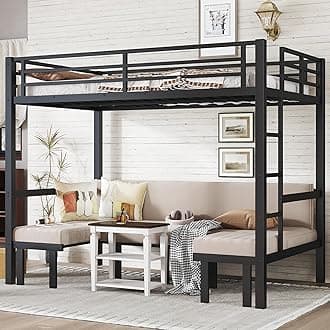 Full Over Full Bunk Bed for Adults, Heavy Duty Bunk Bed can Turns into Full Size Loft Bed with U-Shaped Sofa, Adults Bunk Bed with Safety Rails and Side Ladder, Black(Not Include Cushion)