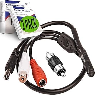 CCTV Microphone with Preamp RCA Audio Out 12V DC — Adjustable Gain — for DVR/NVR & IP Cameras (2 Pack)