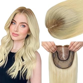 Hair Toppers for Women Real Human Hair 6x7 inch 150 Density Base 16 inch 75 grams ombre Ash Brown to Platinum Blonde Human HairTopper for Women with ThinningHair Cover Gray Roots（#8T60 16inch）