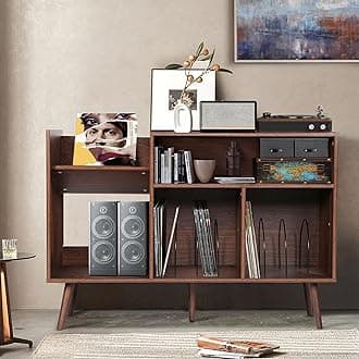 Large Record Player Stand, Mid Century Concord Turntable Stand Table Holds Up to 350 Albums, Vinyl Record Storage Cabinet with Wood Legs for Living Room Office, Walnut Brown