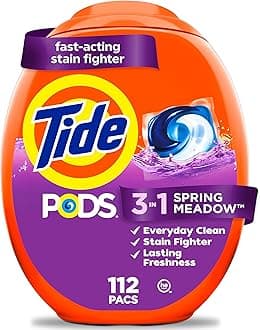 Tide PODS laundry detergent pacs, 3-in-1 Stain Remover, Odor Fighter, Color Protector, 112 Count, HE compatible, Spring Meadow Scent