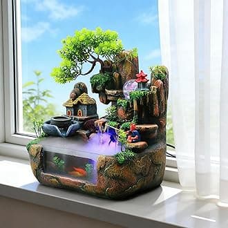 15" LED Desktop Fountain Waterfall Decor, Atomizing Desktop Humidifier w/LED Lights & Atomizer for Office Home Desk Decoration Gift Zen Meditation Resin Rockery Water Fountain Bonsai Bedroom Relax