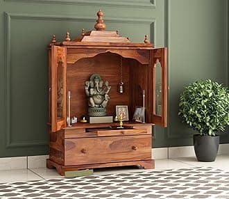 G Fine Furniture 2.9 Ft Solid Sheesham Wood Temple for Home | Wooden Pooja Mandir with 1 Drawer Storage 2 Glass Door Cabinet & Dhoop Batti Slider Stand | Traditional Pooja Ghar Mandap (Natural Finish)