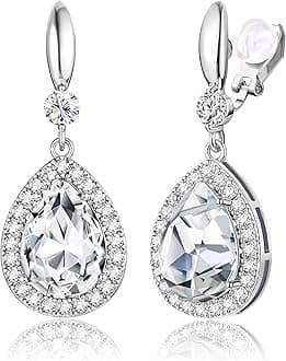 Elegant Clip on Earrings for Women Sparkling Teardrop Dangle Clip Earrings Non-Pierced Rhinestone Cubic Zirconia Wedding Prom Jewelry 14K Gold and Silver Tone