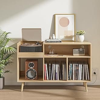 Record Player Stand with Charging Station & USB Ports, Mid-Century Turntable Stand Table Holds Up to 300 Albums, Vinyl Record Storage Cabinet with Wood Legs for Living Room Office (Wood)