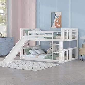 Bellemave Full Bunk Beds with Slide Full Over Full Low Bunk Bed Frame Wood Floor Bunkbed for Boys Girls Teens’ Bedroom Dorm, White