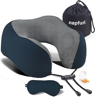 napfun Neck Pillow for Traveling, Upgraded Travel Neck Pillow for Airplane 100% Pure Memory Foam Travel Pillow for Flight Headrest Sleep, Portable Plane Accessories, Deep Blue Set, Medium (120-200LB)