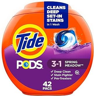PODS laundry detergent pacs, 3-in-1 Stain Remover, Odor Fighter, Color Protector, 42 Count, HE compatible, Spring Meadow Scent