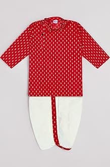 Boy's Cotton Kurta with Dhoti - Golden Thread Work, Solid Round Collar, Full Sleeves, Side Button Kurta Set for Ethnic Wear