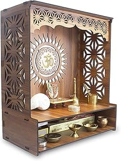 Heartily Shree Beautiful Wooden Pooja Stand for Home Mandir for Home Temple for Home and Office Puja Mandir for Home and Office Wall with LED Spot Light Product (H 18, L 16, W8.75 Inch)