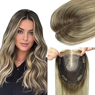 Hair Toppers for Women Real Human Hair, 6x7 inch Larger Silk Base 150 Density 75 grams 16inch Walnut Brown to Ash Brown and Golden Blonde Wiglet Top Pieces Add Volume（#3822 16inch）