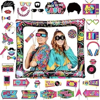 POPOYU 80s Retro Party Inflatable Photo Booth with 40Pcs Photo Booth Props Selfie Picture Frame for 1980s Disco Party,Kids Party Game Accessories,Giant Props Frame Celebration Blow Up Party Props