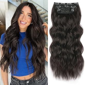 ALXNAN Clip in Long Wavy Synthetic Hair Extension 4PCS 24 Inch Dark Brown Thick Hairpieces Fiber Double Weft Hair for Women