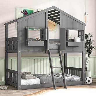 Bellemave House Bunk Beds Wood Twin Over Twin Bunk Bed Frame with Roof, Window, Door and Storage Boxes, Kids Playhouse Bed for Boys Girls Teens, Gray