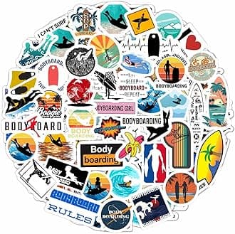 BulbaCraft Body Board Stickers for Water Bottle and Laptop - Body Board Party Favors & Decorations, Waterproof Vinyl Decals, Surfing and Beach Stickers, Gifts for Women & Men