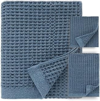 ONSEN Waffle Bath Sheet Set – 3-Piece Cotton Bundle with Bath Sheet, Hand and Face Towels – Lightweight, Quick Dry, and Absorbent – Ideal for Bathroom, Gym, Guest Use – Denim Blue