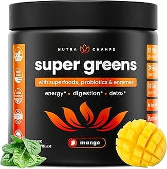 Super Greens Powder Premium Superfood | 20+ Organic Green Veggie Whole Foods | Wheat Grass, Spirulina, Chlorella | Antioxidant, Digestive Enzyme & Probiotic Blends (9.0 OZ, Mango)