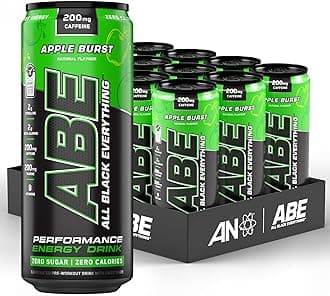 ABE Pre Workout Cans - All Black Everything Energy + Performance Drink, ABE Carbonated Beverage Sugar Free with Caffeine (Pack of 12 Cans x 330ml) (Apple Burst)