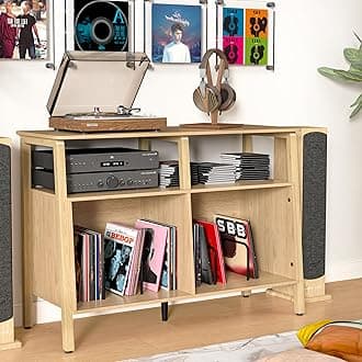 Large Record Player Stand,Mid Century Turntable Stand Table with Open Storage Holds up to 300 Albums,Vinyl Record Storage Display Shelf for Living Room Bedroom (Oak)