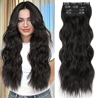 ALXNAN 24 Inch Long Wavy Black Brown Synthetic Hair Extensions 4 Pieces Thick Hair Extensions Double Weft for Women