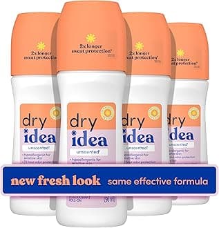 Dry Idea Unscented Roll On Deodorant & Antiperspirant for Women - Hypoallergenic for Sensitive Skin, 2X Longer Sweat Protection, 72Hr Sweat & Odor Protection, Womens Deodorant, 3.25oz (4 Pack)