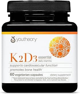 Youtheory K2 and D3 Daily Vitamin Supplement for Calcium Absorption, Bone Strength and Cardiovascular Support, 60 Vegetarian Capsules