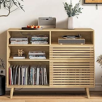 Large Record Player Stand, Mid-Century Turntable Stand with Doors and Charging Station Wood Record Player Table Holds Up to 450 Albums Vinyl Storage Display Shelf for Living Room, Natural