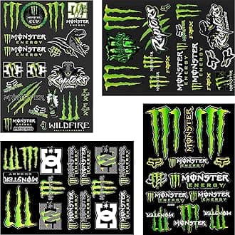 4Pack Monster Energy Stickers for Helmet, Car, Motocross, Motorbike - Funny Cartoon Decals for Skateboard, Laptop, Bicycle