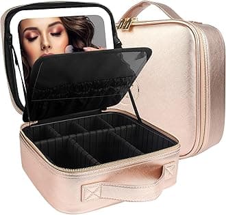 MOMIRA Travel Makeup Bag Cosmetic Bag Makeup Organizer Bag with Lighted Mirror, Adjustable Brightness in 3 Color Scenarios, Waterproof Makeup Train Case, Gift for Women - Champagne