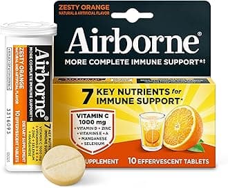 Airborne Immune Support Effervescent Tablets, Zesty Orange Flavor - 10ct with 1000mg Vitamin C + Vitamins A, D, E, Zinc, Selenium, Manganese & Herbal Blend - Sugar‑Free, Gluten‑Free