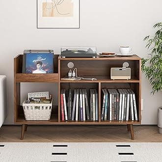 Record Player Stand with Charging Station & USB Ports, Mid-Century Turntable Stand Table Holds Up to 300 Albums, Vinyl Record Storage Cabinet with Wood Legs for Living Room Office(Walnut)