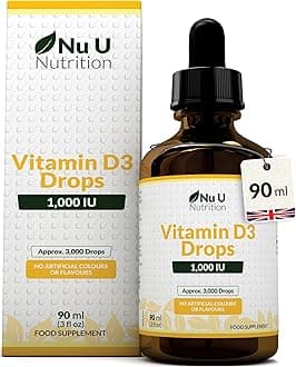 Vitamin D Drops 90ml (3000 Drops) - 1000IU per Drop - 50% More - Flexible Dose of Liquid Vitamin D3 Supplement for Adults - Unflavoured & Vegetarian - Made in the UK - Nu U Nutrition