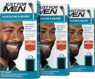 Mustache & Beard, Beard Coloring for Gray Hair with Brush, With Keratin Biotin Aloe and Coconut Oil for Healthy Facial Hair - Jet Black, M-60, Pack of 3 (Packaging May Vary)