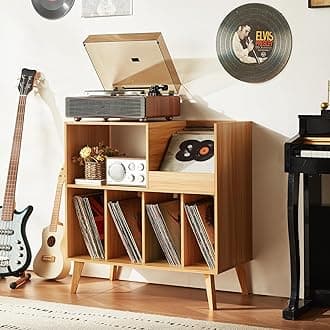LELELINKY Large Record Player Stand, Turntable Stand with Storage, Vinyl Record Holder with Display Area, Record Player Table Holds Up to 300 Albums, Record Stand for Music Room Living Room-Natural