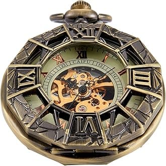 Bronze Men's Antique Mechanical Pocket Watch, Skeleton Mechanical Roman Numerals Pocket Watch with Chain + Box