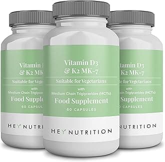 Hey Nutrition Vitamin D3 & K2 MK-7-100ug Each with MCT Oil - Suitable for Vegetarians - Support Healthy Bones, Teeth, Muscles, Immune Function, and Fatigue - Non-GMO, 180 Vegetarian Capsules