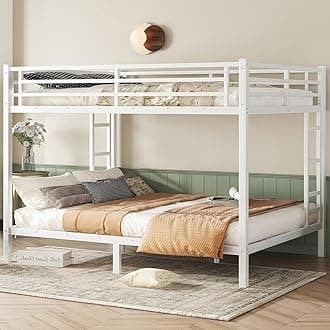 Queen Over Queen Bunk Bed,Heavy Duty Metal Bunk Bed Frame for Adults,2 Side Ladder,Guardrail,Space-Saving,Noise Reduced,No Box Spring Needed,Black (White, Queen Over Queen)