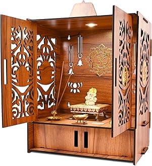 Rousrie Wooden Temple Mandir for Home with Door Cabinets | Beautiful Pooja Unit with Storage Space | with LED Light and Wall Mounts | Elegant Pooja Mandir for Home Big Size(H-17.3, L-11, B-10.6 inch)