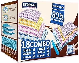 STORAGE MASTERSpace Saver Bags for Travel and Home Reusable Vacuum Storage Bags Save 80% More Storage Space Work with Vacuum Cleaner + Travel Hand Pump (18 Combo)