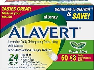 Alavert 24 Hour Allergy Relief Tablets, Non-Drowsy Antihistamine, Orally Disintegrating Allergy Tablets, Loratadine 10 mg, Fresh Mint Flavor, 60 Count