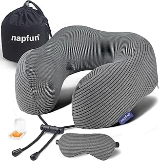 napfun Travel Pillow, 100% Pure Memory Foam Neck Pillows for Travel Airplane Headrest Flight Plane Accessories, Deep Grey, Medium (120-200LB)